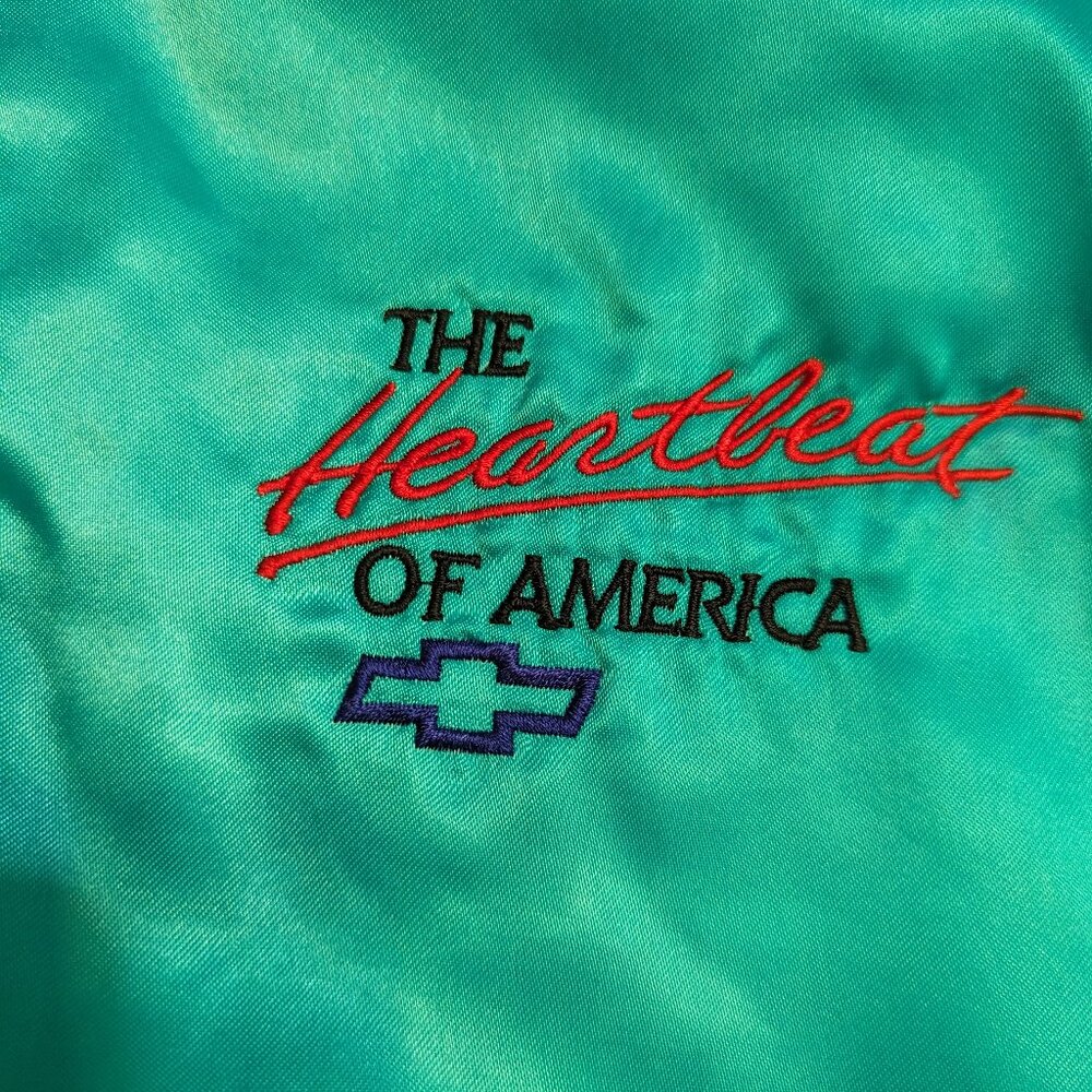 Vintage The Heartbeat Of America Chevy West Ark USA Satin Bomber Jacket.
